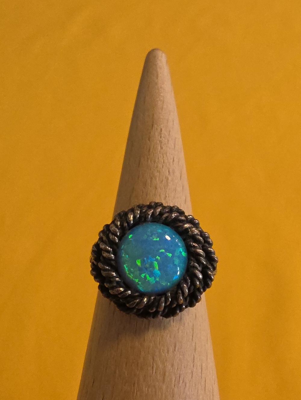 Fire Opal Cabochon Rope Ring ▪ 925 by Michal & Yuval, Israeli Artists ▪︎ Unique!